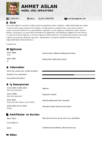 Vinç Operatörü Cv Örnekleri cv indir